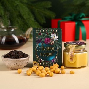 Набор «Веселья в новом году»: чай со вкусом тропические фрукты 50 г., крем-мед с черникой 120 г., носки р-р: 36–39, термос 500 мл.