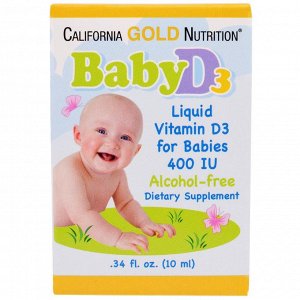 California Gold Nutrition, Витамин D-3 в каплях для младенцев, 400 IU, 0.34 жидких унции (10 мл)