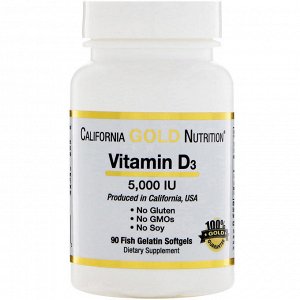 California Gold Nutrition, Витамин D-3, 5000 IU, 90 рыбных желатиновых капсул