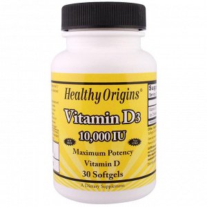 Healthy Origins, Витамин D3, 10 000 международных единиц, 30 желатиновых капсул