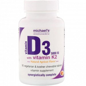 Michaels Naturopathic, Витамин D3, с витамином K2, натуральным абрикосовым вкусом, 5000 ИЕ, 90 жевательных таблеток