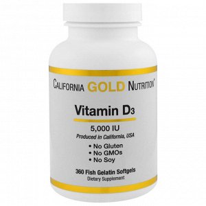 California Gold Nutrition, Витамин D-3, 5,000 МЕ, 360 желатиновых капсул из рыбы