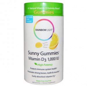 Rainbow Light, Витамин D3, солнечные жевательные таблетки с лимонным вкусом, 1,000 МЕ, 100 жевательных таблеток