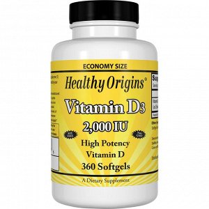 Healthy Origins, Витамин D3, 2,000 МЕ, 360 гелевых капсул