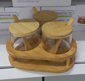 Набор банок для сыпучих продуктов 3 шт, бамбуковые крышки на подставке