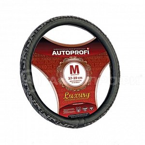 Кожаная оплётка руля AUTOPROFI AP-810 BK/BK,GY (M)