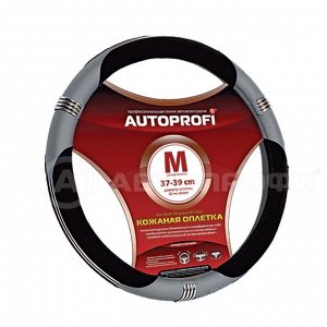 Кожаная оплётка руля AUTOPROFI AP-150 BK/GY (M)