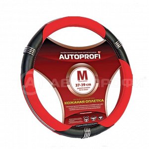 Кожаная оплётка руля AUTOPROFI AP-150 BK/RD (M)