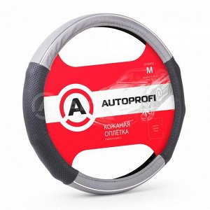 Кожаная оплётка руля AUTOPROFI AP-1060 BK/GY (M)