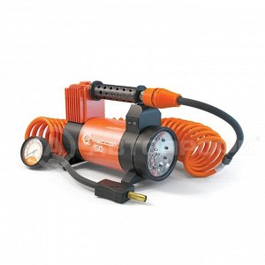 Компрессор воздушный АГРЕССОР, 50 л./мин., 12V/23A, 280W, 10 Атм., съёмный шланг 5 м., клапан для регулир. давления, питание от АКБ, LED фонарь, защита от перегрева, набор из 4-х переходников для наду