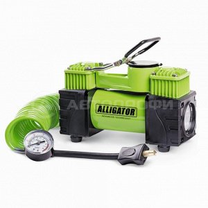 Компрессор воздушный ALLIGATOR, 55 л./мин., 12V/23A, 220W, 10 Атм., двухпоршневой, съёмный шланг 4 м., клапан для регулир. давления, питание от АКБ, LED фонарь, набор из 3-х переходников для надувн. и