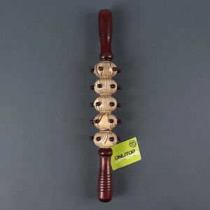 Массажёр «Скалка», универсальный, 36,5 x 5,8 см, 5 шаров с шипами, деревянный