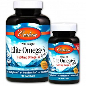 Carlson Labs, Поймано в диких условиях, Elite Omega-3 Gems, со вкусом лимона, 1600 мг, Natural Lemon Flavor, 1,600 mg, 90 + 30 (