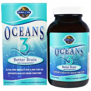 Garden of Life, Oceans 3, улучшение мозговой деятельности с Омега-ксантином, 90 желатиновых капсул