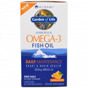 Minami Nutrition, Минами, сверхкритический рыбий жир Омега-3, апельсиновый вкус, 850 мг, 2 флакона, 60 мягких желатиновых капсул