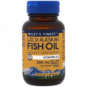 Wileys Finest, Рыбий жир дикой рыбы Аляски, витамин K2, 60 желатиновых капсул с рыбьим жиром