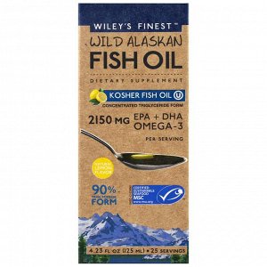 Wileys Finest, Рыбий жир из морской аляскинской рыбы, кошерный рыбий жир, натуральный аромат лимона, 125 мл (4.23 fl oz)
