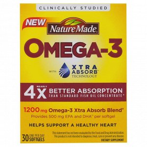 Nature Made, Омега-3, улучшенное усвоение, 1200 мг, 30 мягких желатиновых капсул