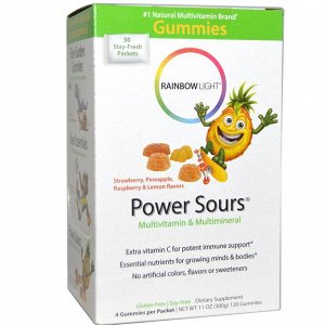 Rainbow Light, Gummy Power Sours, мультивитамины и мультиминералы, терпкие фруктовые вкусы, 30 пакетиков, 12.7 унций (360 г)