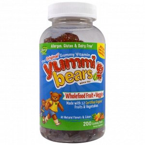 Hero Nutritional Products, Yummi Bears, Wholefood Fruit + Veggie, All Natural Fruit Flavors, 200 Gummy Bears