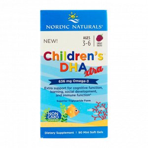 Nordic Naturals, Childrens DHA Xtra, Возраст 3-6 лет, Ягодный пунш, 636 мг, 90 мини-капсул