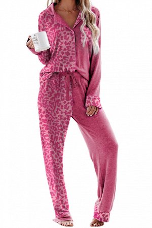 Rose Leopard Contrast Pocket Long Pajama Set