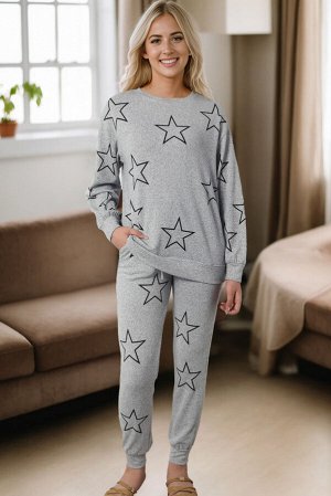 Gray Stars Print Long Sleeve Drawstring High Waist Lounge Set