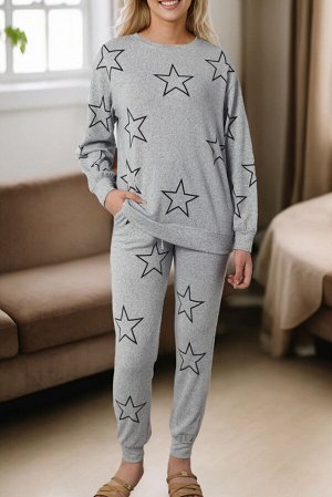 Gray Stars Print Long Sleeve Drawstring High Waist Lounge Set