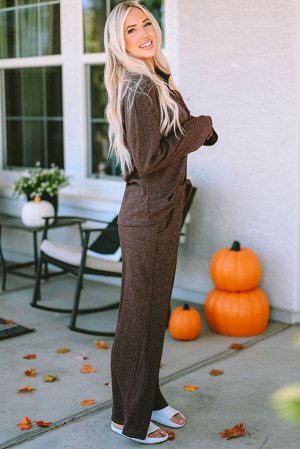 VitoRicci Brown Ribbed Knit Collared Henley Top and Pants Lounge Outfit