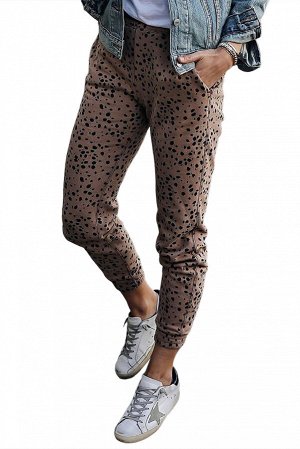 Коричневые леопардовые брюки из трикотажа с карманами