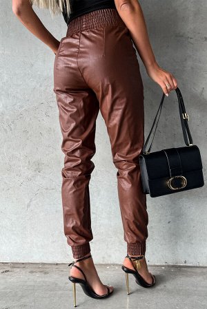 Коричневые кожаные брюки-скинни с эластичным поясом