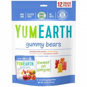 YumEarth, Мишки Гамми, Вкус в ассортименте, 12 упаковок со снеком, 0,7 унц. (19,8 г) каждая