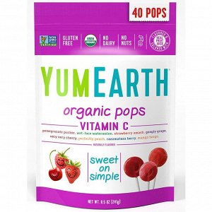 YumEarth, Органические леденцы, витамин C, ассорти вкусов, 40 леденцов, 8,5 унц. (241 г)