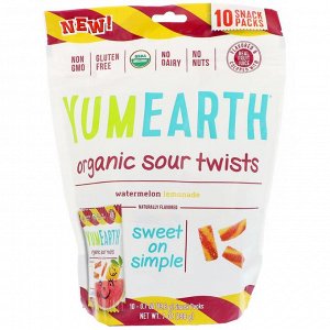 YumEarth, Органические кислые завитушки, Арбузный лимонад, 10 упаковок с перекусом, 0,7 унц. (19,8 г) каждый