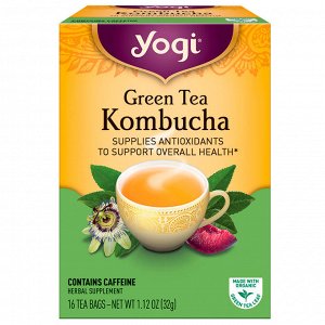 Yogi Tea, Зеленый чай с комбучей (чайным грибом), 16 чайных пакетиков, 1.12 унций (32 г)