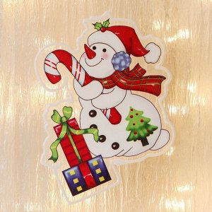Наклейка на стекло "Снеговик с леденцом и подарками" 9х14 см