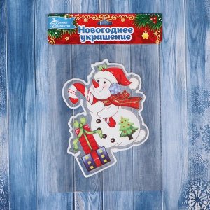 Наклейка на стекло "Снеговик с леденцом и подарками" 9х14 см