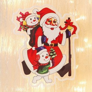 Наклейка на стекло "Дед Мороз со Снеговиками-малышами в наушниках" 11х15 см