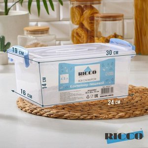 Контейнер пищевой RICCO, 4,5 л, 32?20?12 см, прямоугольный, цвет прозрачный, ручки голубые