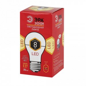 Лампа светодиодная ЭРА,8(60)Вт, цоколь E27, грушевидн.,тепл.