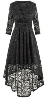 Асимметричное кружевное платье с V вырезом и рукавами средней длины Цвет: ЧЕРНЫЙ