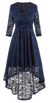 Асимметричное кружевное платье с V вырезом и рукавами средней длины Цвет: ТЕМНО-СИНИЙ