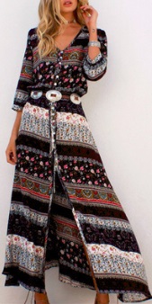 Длинное платье с принтом и с рукавами средней длины (БЕЗ пояса) Цвет: ТЕМНО-КОРИЧНЕВЫЙ