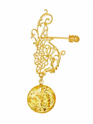 Изысканная брошь с натуральным искрящимся янтарём лимонного цвета «Версаль»