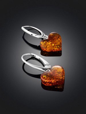 Серьги из цельного прозрачного янтаря коньячного цвета «Сердечки»