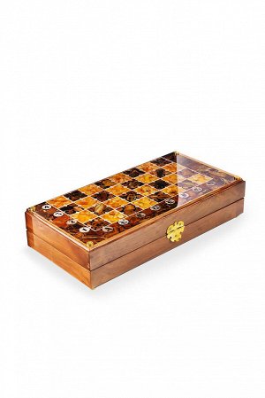 Складная шахматная доска из дерева с янтарной мозаикой