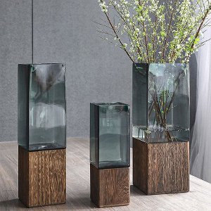 Стеклянная ваза с натуральным деревом, Квадрат, 9х30 см