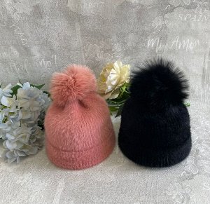 Шапка вязаная зимняя ангора с помпоном