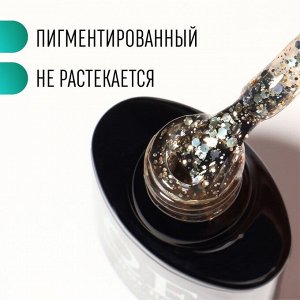 Гель лак для ногтей, с блёстками, 3-х фазный, 8мл, LED/UV, цвет прозрачный/золотистый (02)