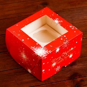 Коробка для 4 капкейка с окном «С Праздником!», 16*16*10 см, упаковка, Новый год